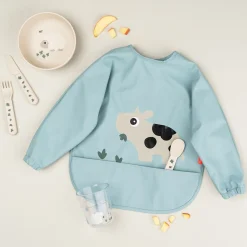 Bavoir à manches avec poche - Tiny farm - Bleu